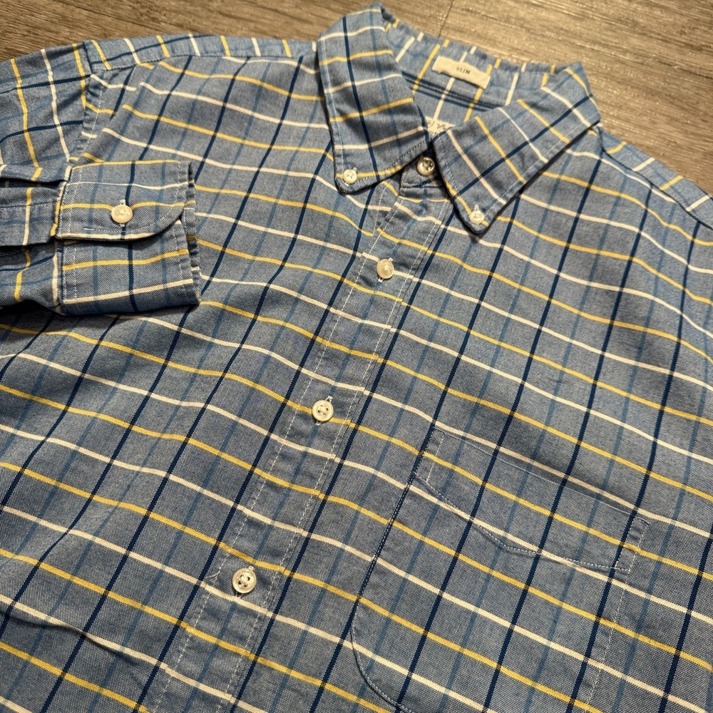 J.Crew Shirt Mens Medium Blue Yellow Plaid Oxford Cotton Slim Fit OCBD Preppy